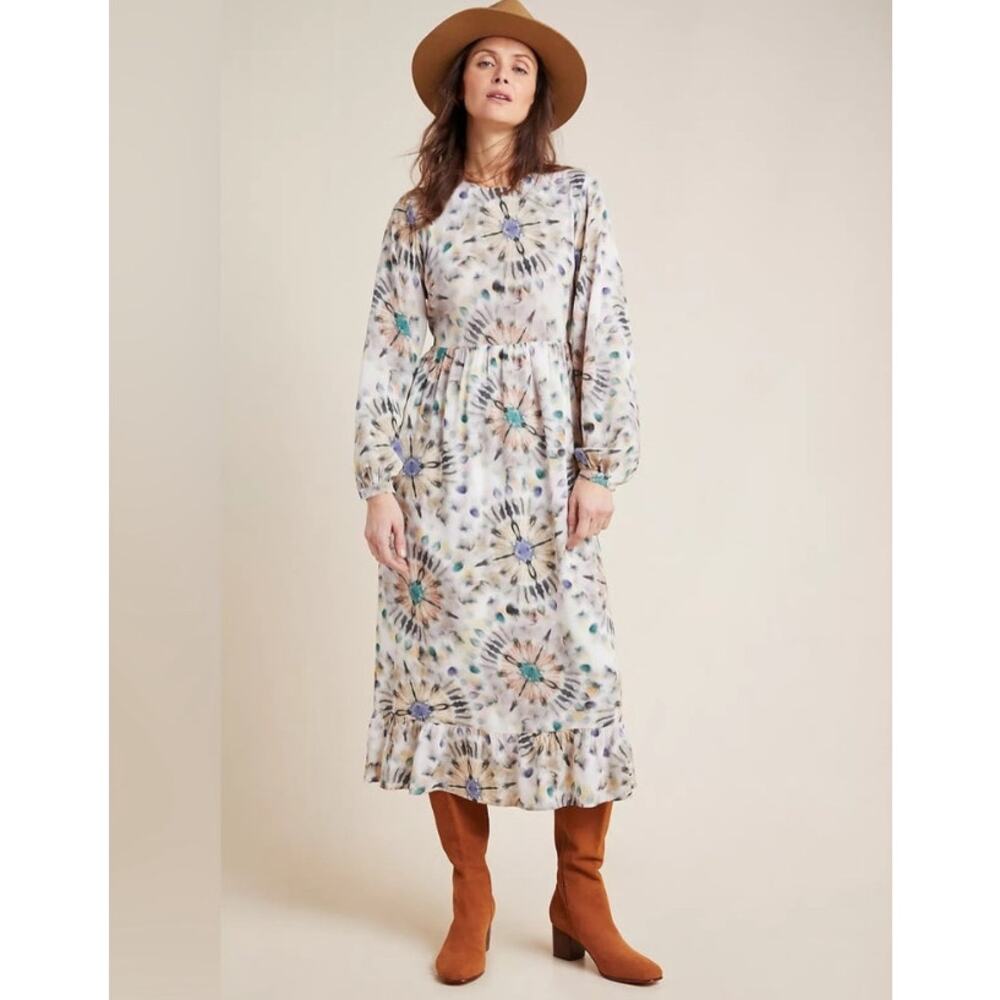 Anthropologie X Kachel Chiara Ruffle Long Sleeve Watercolor Midi Dress 6 (UK 10)